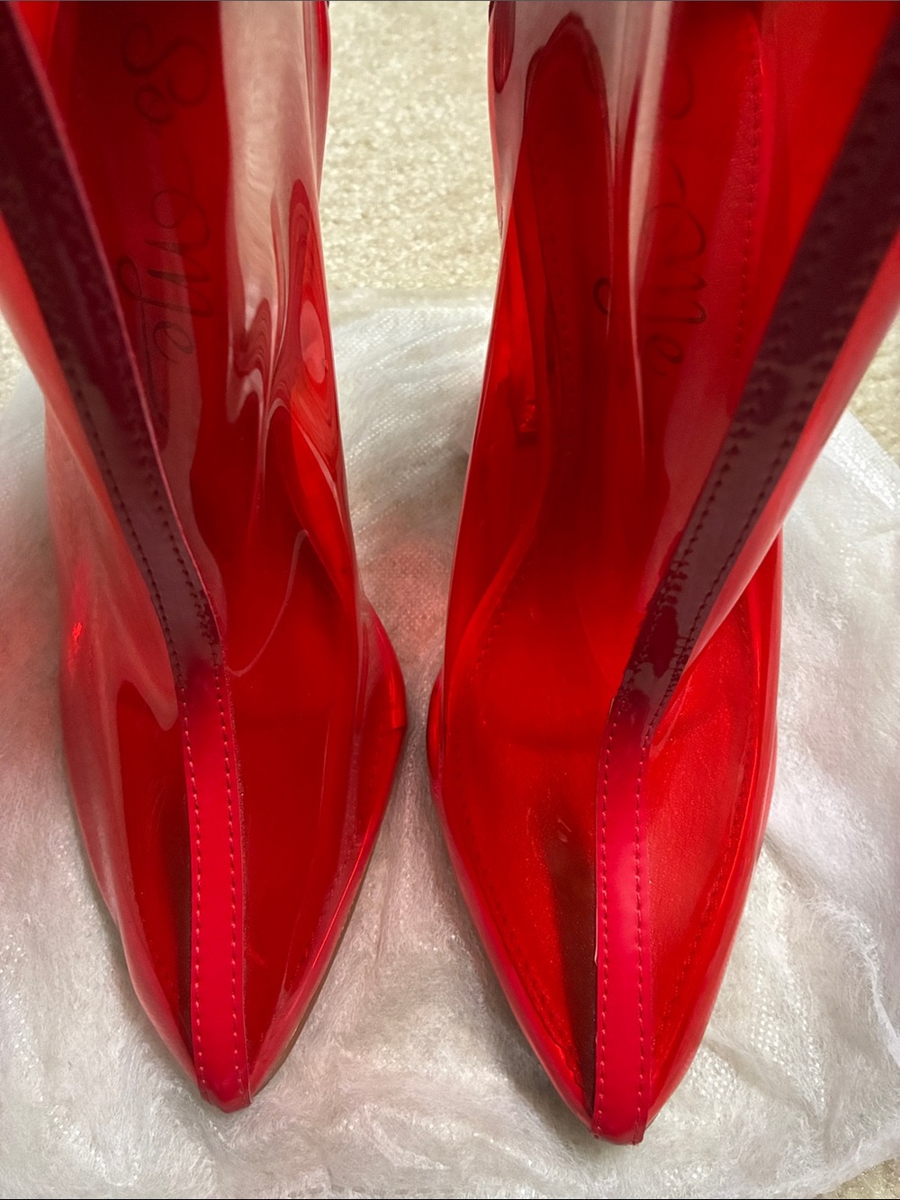 Fashion Nova Red Transparent Pointed-Toe Ankle Boots with Clear Block Heel - Picture 6 of 7